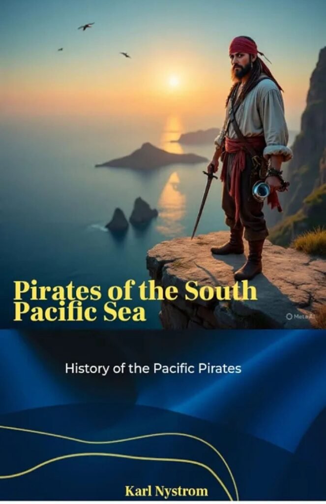 Pirates of the South Pacific Sea book cover by Karl Nystrom featuring pirates, sailing ships, and a South Pacific ocean adventure.
