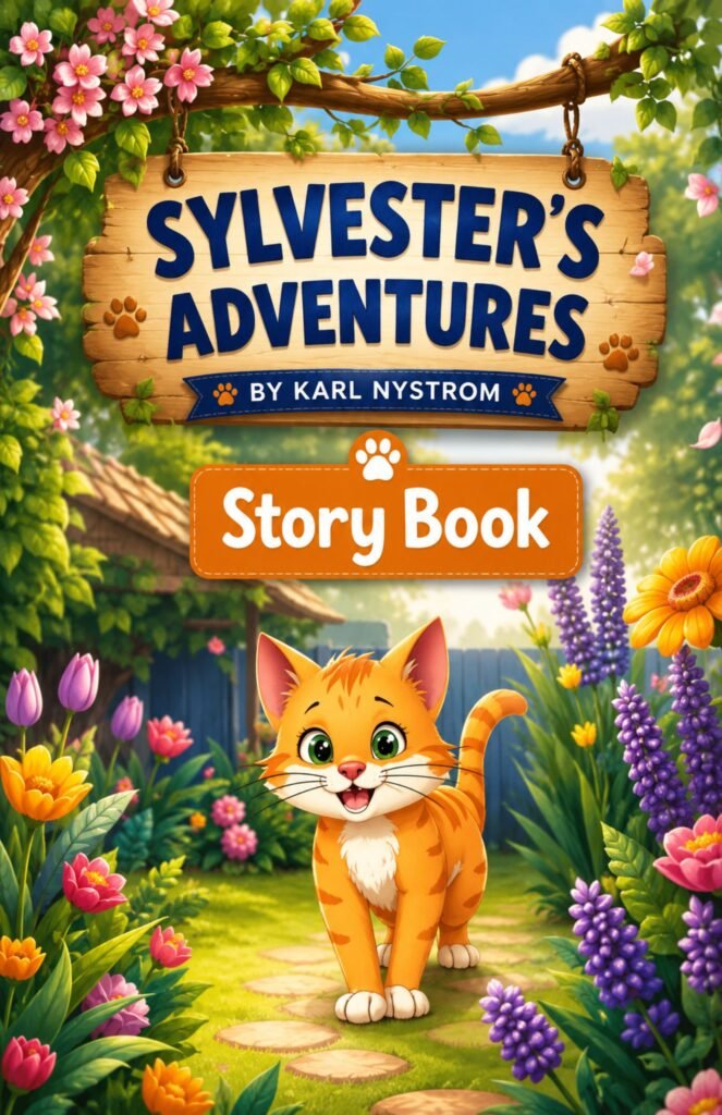 Sylvester's Adventures Story Book cover by Karl Nystrom featuring a cute orange kitten in a colorful garden.