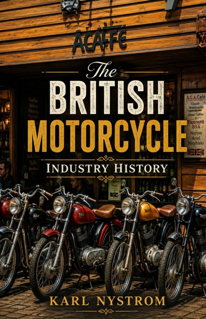 The British Motorcycle Industry History book cover by Karl Nystrom featuring classic British motorcycles and the history of the motorcycle industry