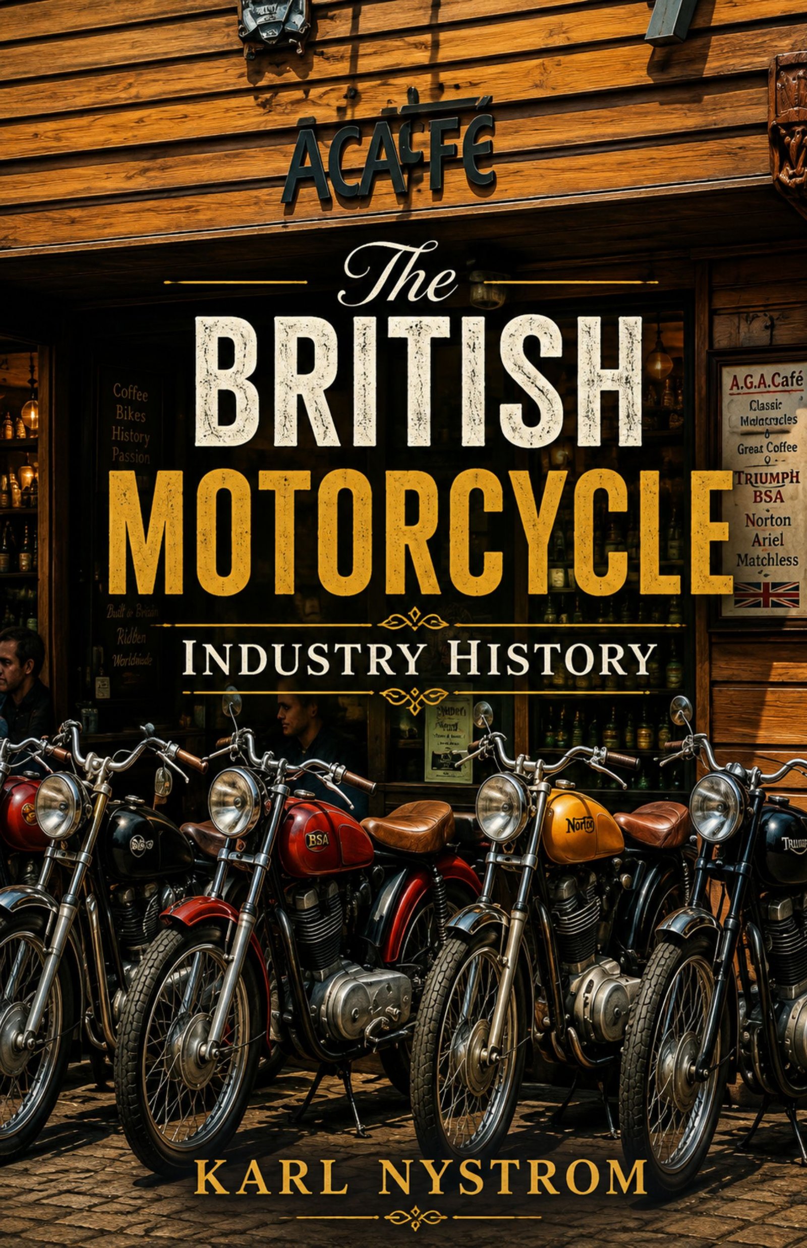 The British Motorcycle Industry History book cover by Karl Nystrom featuring classic British motorcycles and the history of the motorcycle industry