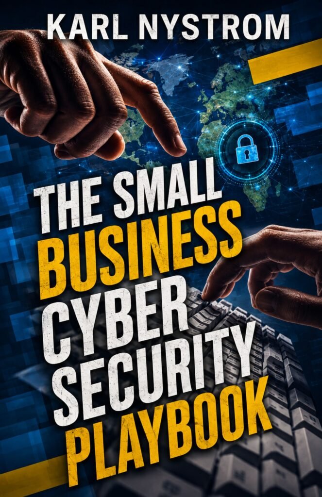 The Small Business Cyber Security Playbook book cover by Karl Nystrom featuring digital security, cybersecurity protection, and small business data security.
