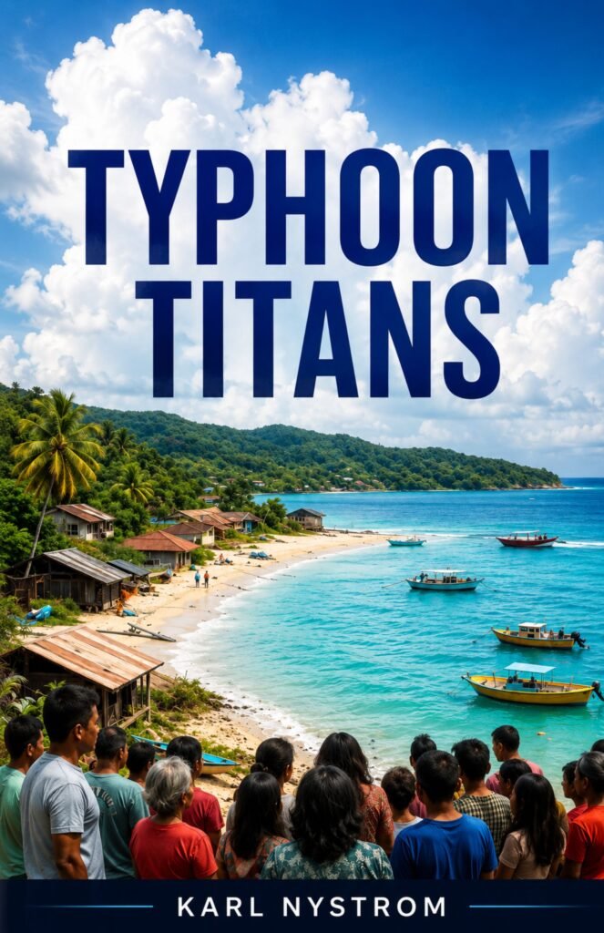 Typhoon Titans book cover by Karl Nystrom featuring a tropical island, ocean scenery, and an exciting survival adventure.