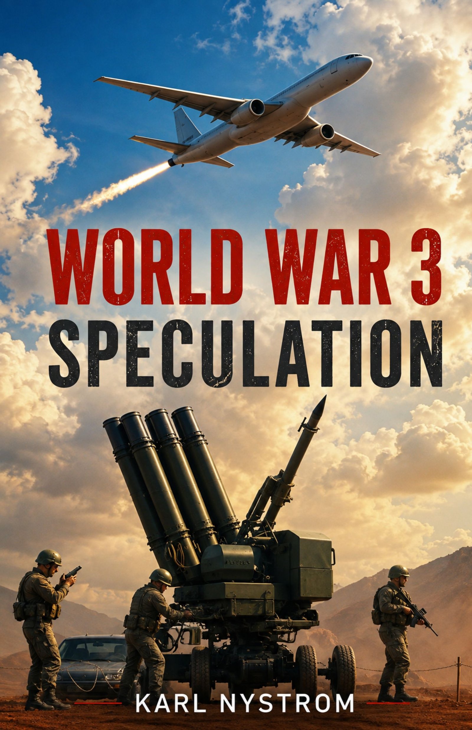 World War 3 Speculation book cover by Karl Nystrom featuring military defense systems, soldiers, and aircraft representing global conflict and future warfare.