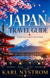 Japan Travel Guide book cover by Karl Nystrom featuring Mount Fuji and cherry blossoms