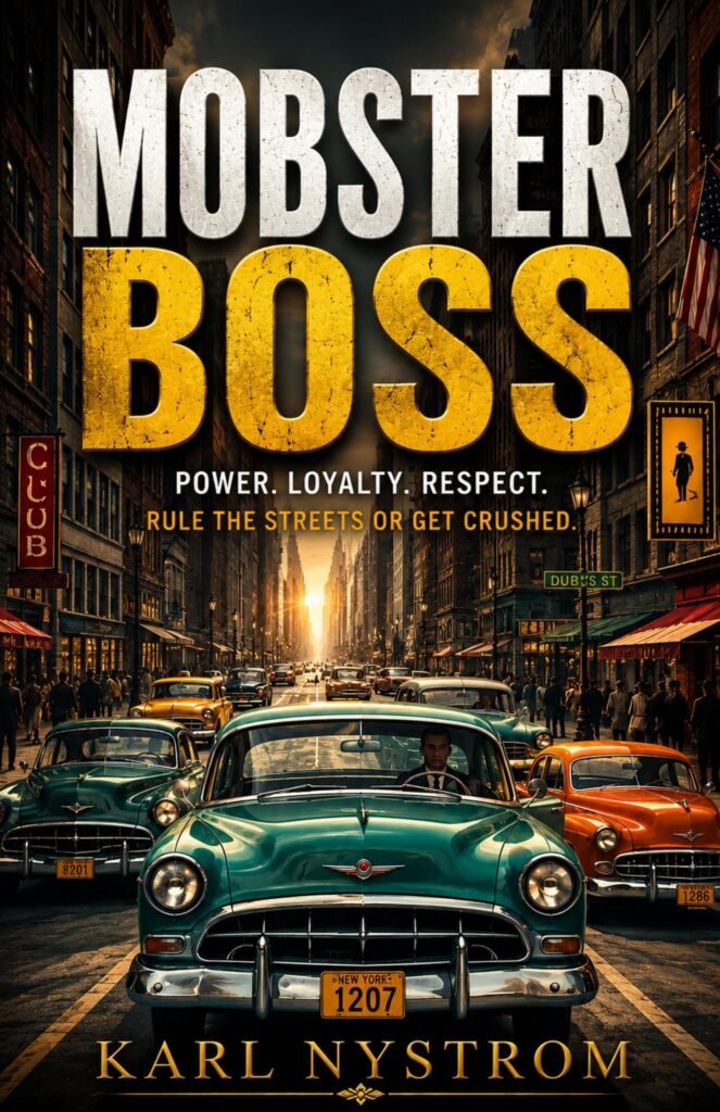 Book cover of Mobster Boss by Karl Nystrom featuring a classic car and a dark city street, representing a crime thriller about the mafia and organized crime.