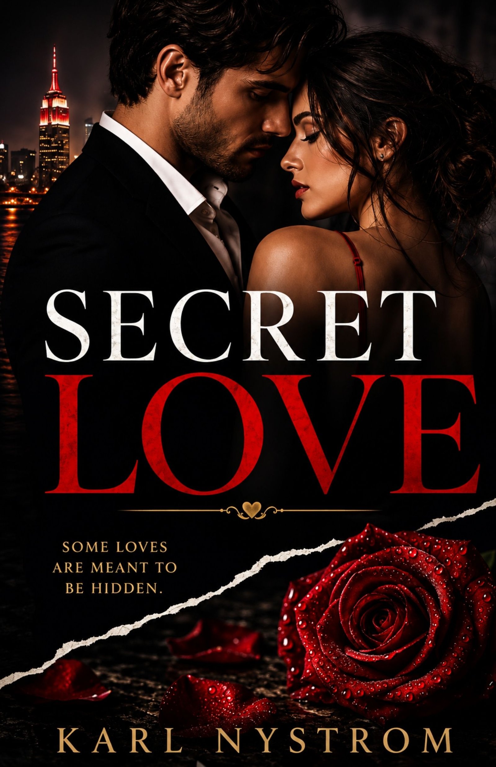 Book cover of Secret Love by Karl Nystrom featuring a romantic couple in a dark, mysterious setting.